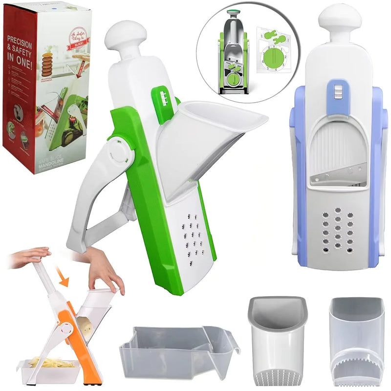 Cortador e Fatiador Manual 5 em 1 – Multifuncional para Batatas, Legumes, Verduras e Frutas com Lâminas de Alta Qualidade