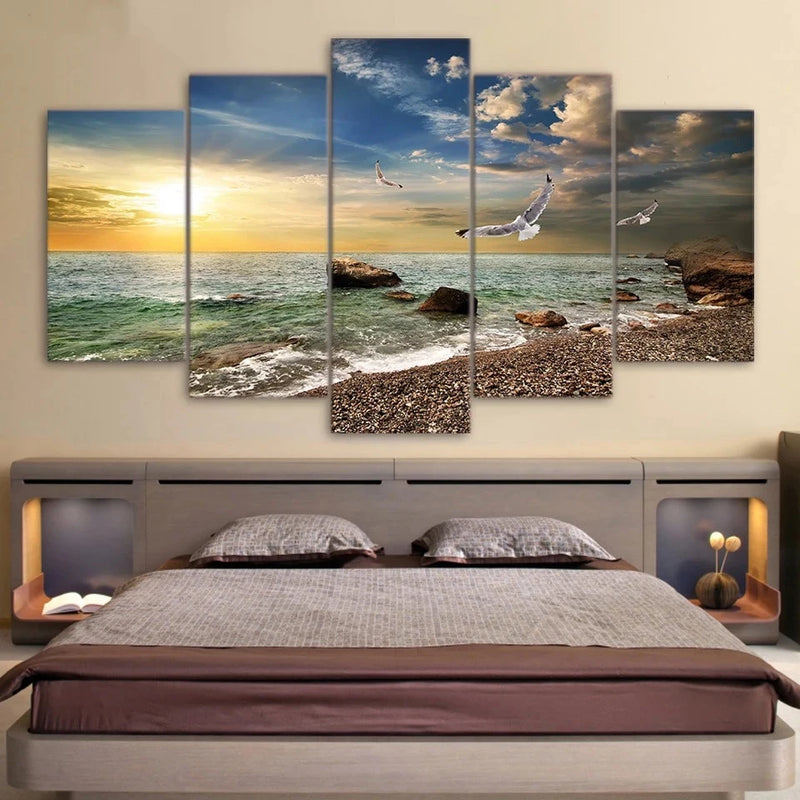 Conjunto 5 Quadros Decorativos em Tela – Paisagem Montanha ao Pôr do Sol – Arte Moderna para Sala e Decoração de Parede