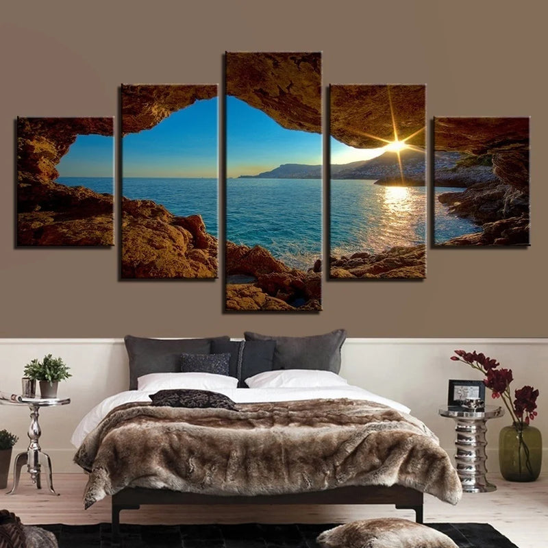 Conjunto 5 Quadros Decorativos em Tela – Paisagem Montanha ao Pôr do Sol – Arte Moderna para Sala e Decoração de Parede