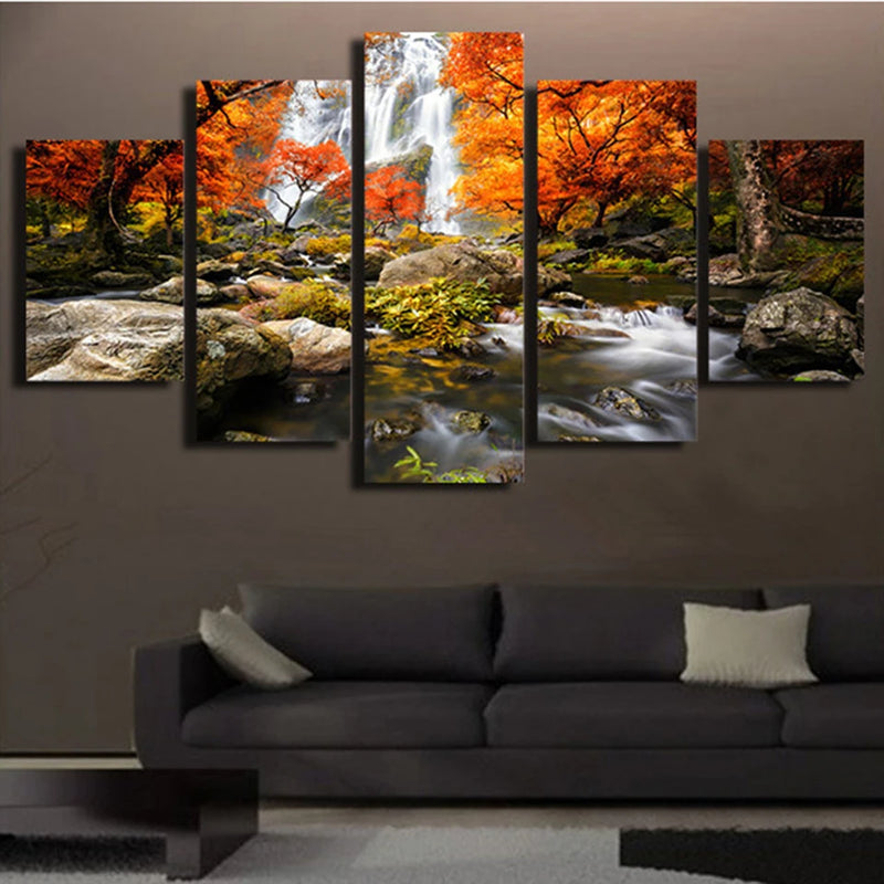 Conjunto 5 Quadros Decorativos em Tela – Paisagem Montanha ao Pôr do Sol – Arte Moderna para Sala e Decoração de Parede