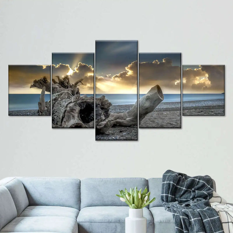 Conjunto 5 Quadros Decorativos em Tela – Paisagem Montanha ao Pôr do Sol – Arte Moderna para Sala e Decoração de Parede