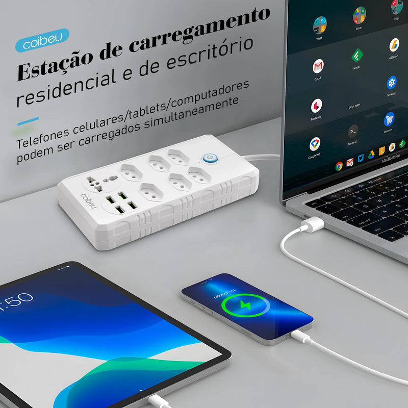 Extensão Elétrica com Filtro de Linha e Entradas USB – 2 Metros, Tomadas Universais, Plugue Padrão Brasil, Ideal para Casa e Escritório