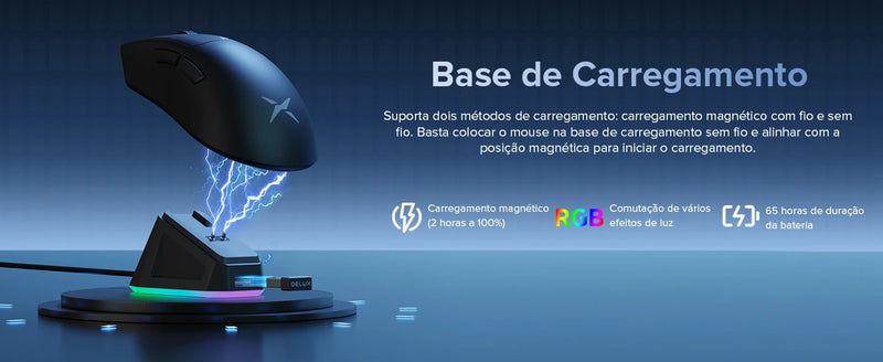 Mouse Gamer Sem Fio Delux M900PRO – 8K Polling Rate, Sensor PAW3395, Dock de Carregamento, RGB e Design Ergonômico Leve (63g)