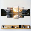 Conjunto 5 Quadros Decorativos em Tela – Paisagem Montanha ao Pôr do Sol – Arte Moderna para Sala e Decoração de Parede