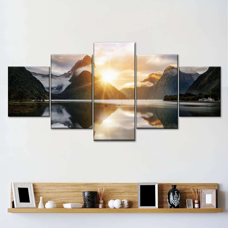 Conjunto 5 Quadros Decorativos em Tela – Paisagem Montanha ao Pôr do Sol – Arte Moderna para Sala e Decoração de Parede