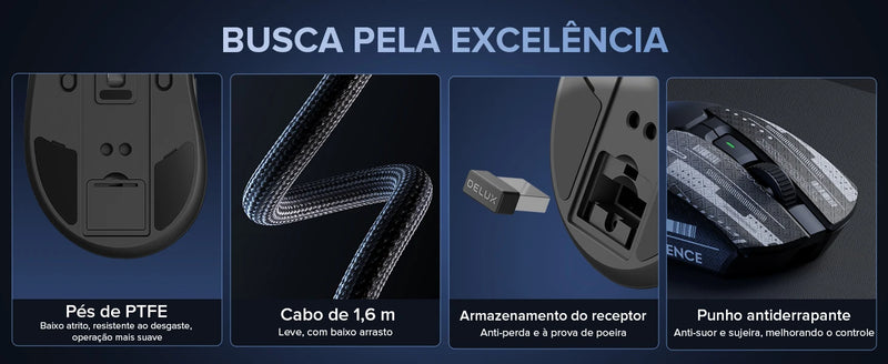 Mouse Gamer Sem Fio Delux M900PRO – 8K Polling Rate, Sensor PAW3395, Dock de Carregamento, RGB e Design Ergonômico Leve (63g)