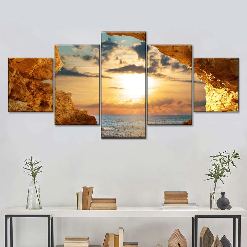 Conjunto 5 Quadros Decorativos em Tela – Paisagem Montanha ao Pôr do Sol – Arte Moderna para Sala e Decoração de Parede