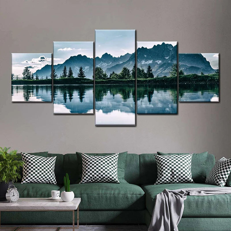 Conjunto 5 Quadros Decorativos em Tela – Paisagem Montanha ao Pôr do Sol – Arte Moderna para Sala e Decoração de Parede