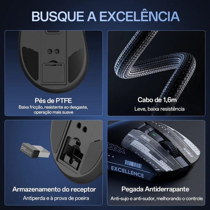 Mouse Gamer Sem Fio Delux M900PRO – 8K Polling Rate, Sensor PAW3395, Dock de Carregamento, RGB e Design Ergonômico Leve (63g)