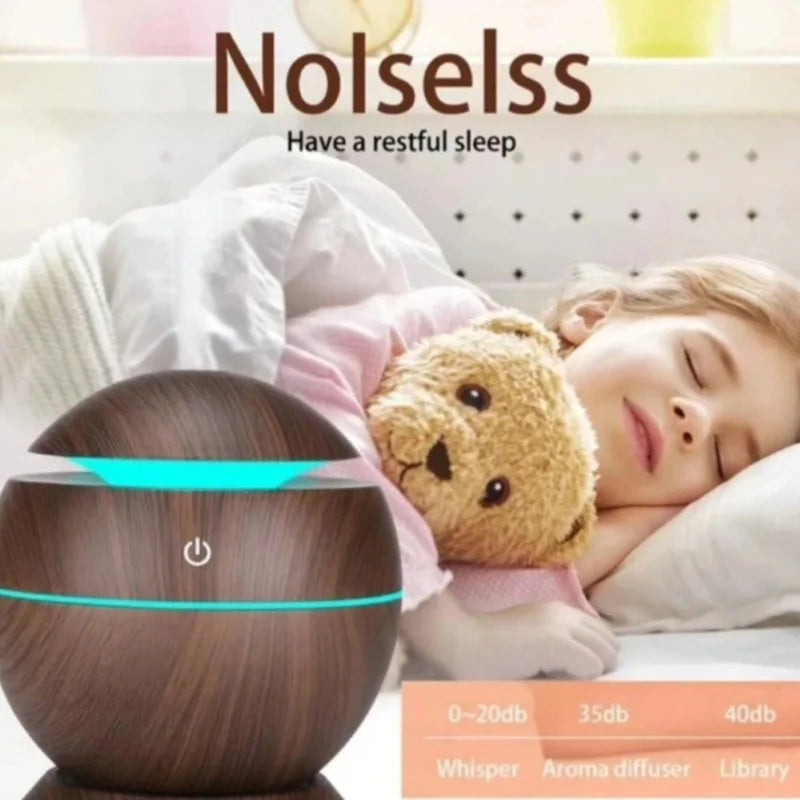 Umidificador de Ar Ultrassônico em Madeira – Difusor de Aromas USB com Essência e Luz LED para Aromaterapia e Purificação