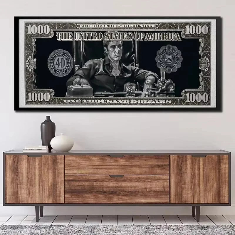 Quadro Decorativo Scarface Tony Montana Dollar – Pôster HD em Tela Canvas, Arte Clássica de Filme para Sala e Escritório