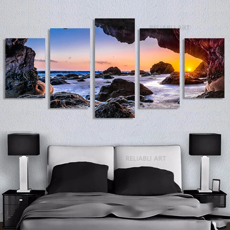 Conjunto 5 Quadros Decorativos em Tela – Paisagem Montanha ao Pôr do Sol – Arte Moderna para Sala e Decoração de Parede