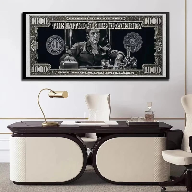 Quadro Decorativo Scarface Tony Montana Dollar – Pôster HD em Tela Canvas, Arte Clássica de Filme para Sala e Escritório