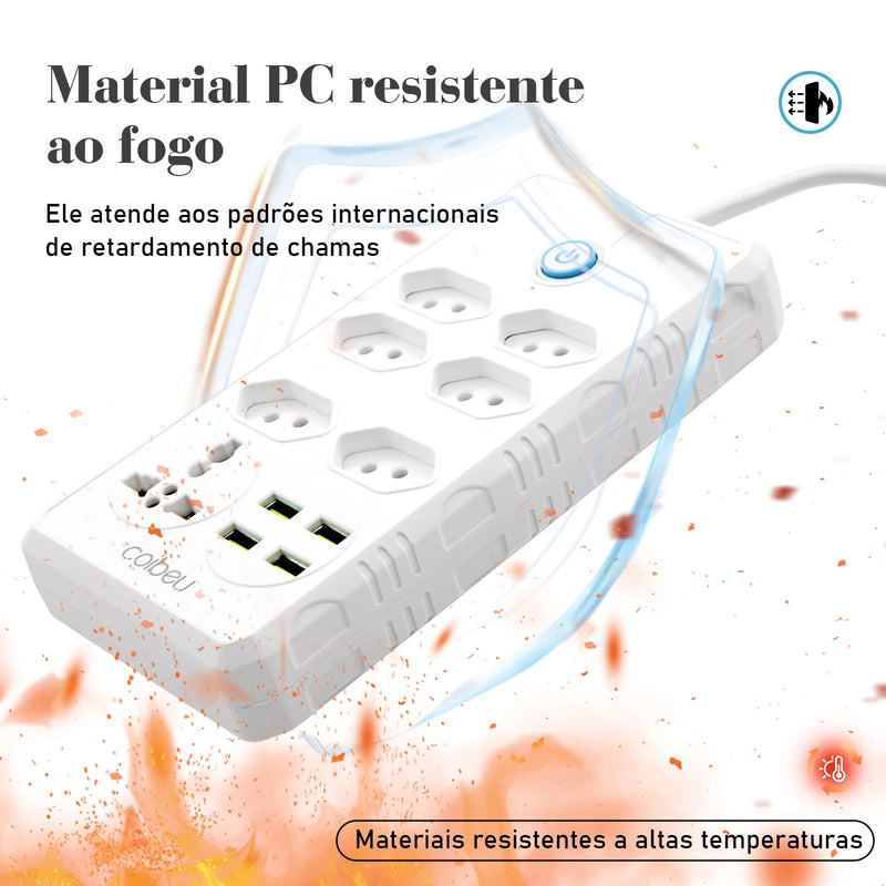 Extensão Elétrica com Filtro de Linha e Entradas USB – 2 Metros, Tomadas Universais, Plugue Padrão Brasil, Ideal para Casa e Escritório