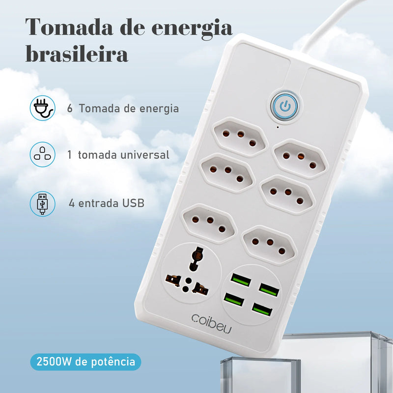 Extensão Elétrica com Filtro de Linha e Entradas USB – 2 Metros, Tomadas Universais, Plugue Padrão Brasil, Ideal para Casa e Escritório