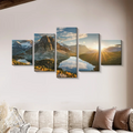 Conjunto 5 Quadros Decorativos em Tela – Paisagem Montanha ao Pôr do Sol – Arte Moderna para Sala e Decoração de Parede