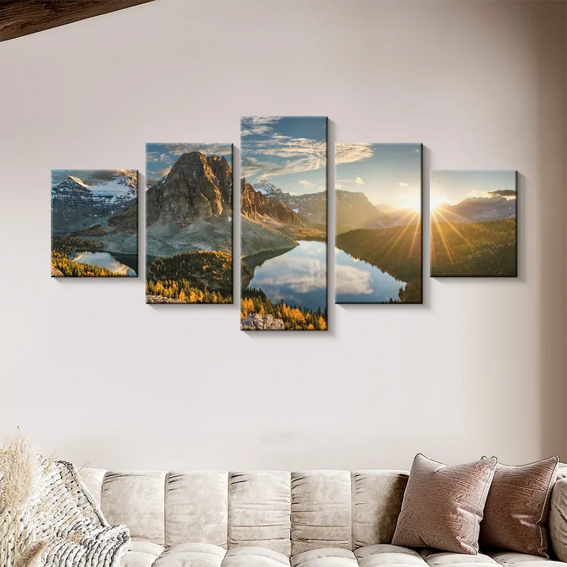 Conjunto 5 Quadros Decorativos em Tela – Paisagem Montanha ao Pôr do Sol – Arte Moderna para Sala e Decoração de Parede