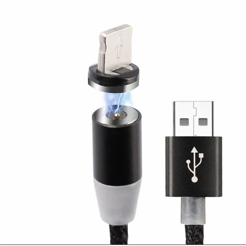 Cabo Magnético 3 em 1 USB – Carregador Rápido Type-C, Micro USB e iPhone com LED e Conexão Giratória