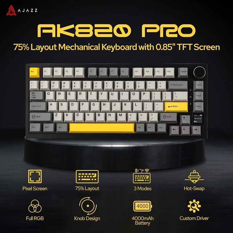 Teclado Mecânico Gamer Ajazz AK820/AK820Pro – Bluetooth 5.1 / Sem Fio / Com Fio C, Personalizável com Knob e Hot Swapping Gasket