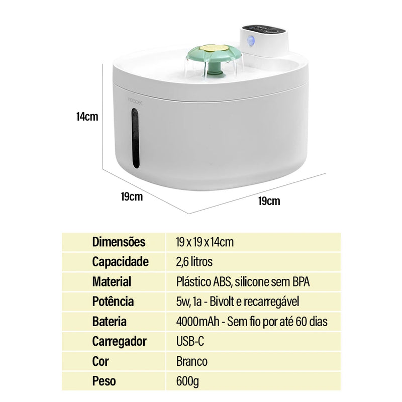 Bebedouro Automático Sem Fio para Gatos e Cães NewPet 2.6L – Fonte de Água com Sensor e Bateria Recarregável