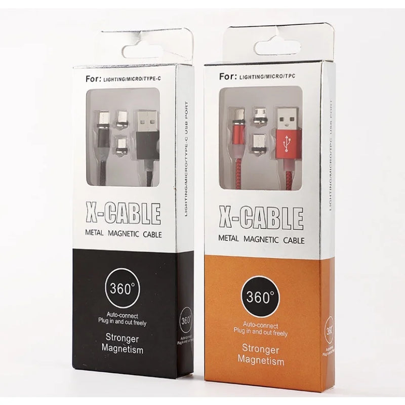 Cabo Magnético 3 em 1 USB – Carregador Rápido Type-C, Micro USB e iPhone com LED e Conexão Giratória