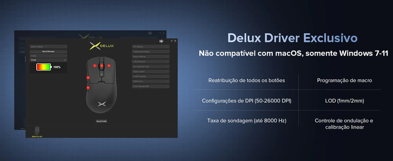 Mouse Gamer Sem Fio Delux M900PRO – 8K Polling Rate, Sensor PAW3395, Dock de Carregamento, RGB e Design Ergonômico Leve (63g)