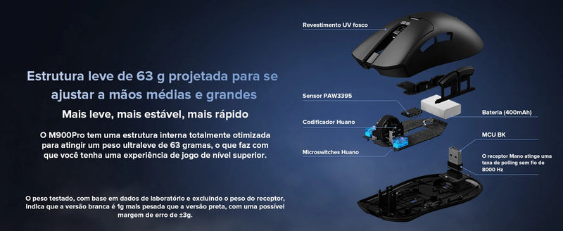 Mouse Gamer Sem Fio Delux M900PRO – 8K Polling Rate, Sensor PAW3395, Dock de Carregamento, RGB e Design Ergonômico Leve (63g)