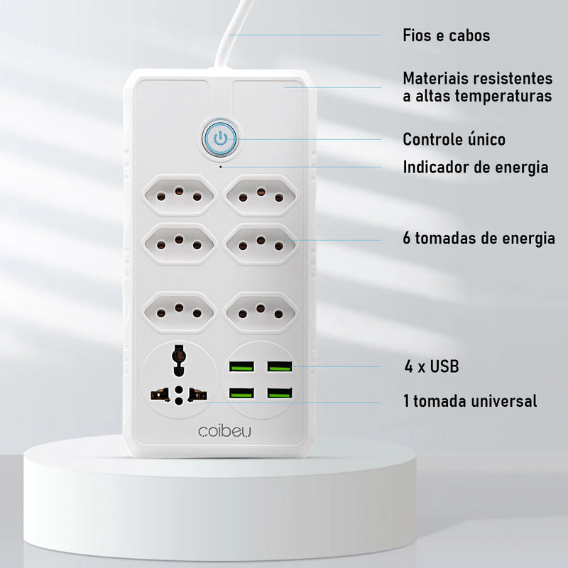 Extensão Elétrica com Filtro de Linha e Entradas USB – 2 Metros, Tomadas Universais, Plugue Padrão Brasil, Ideal para Casa e Escritório