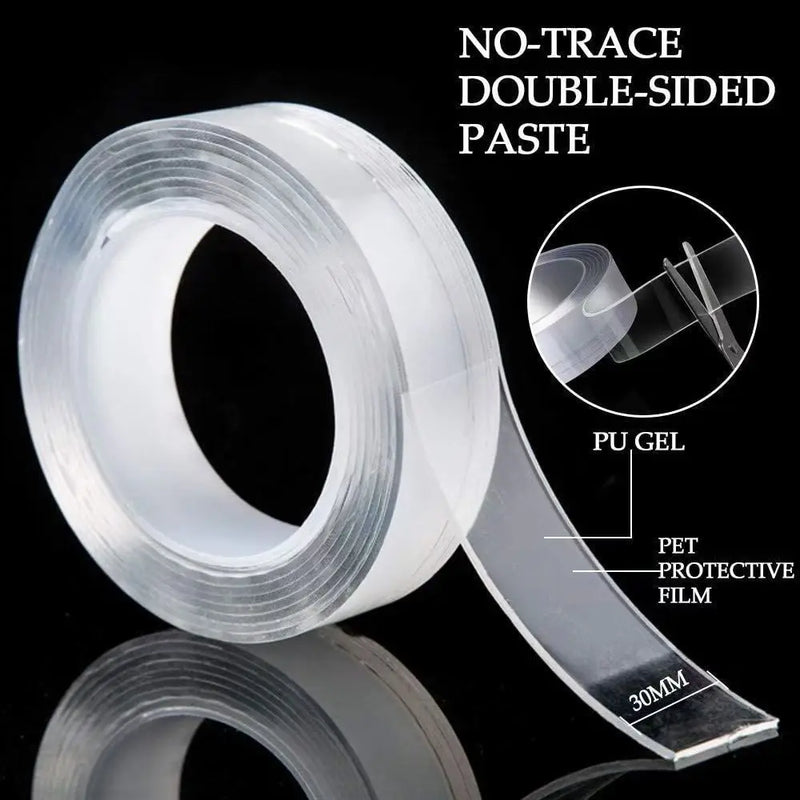 Fita Nano Tape Dupla Face 1/3/5 m – Adesiva Transparente, Sem Marcas, Impermeável para Banheiro, Cozinha e Pia