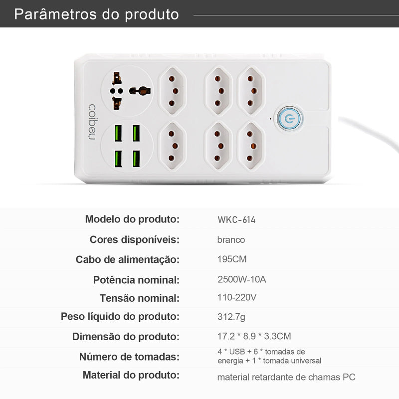 Extensão Elétrica com Filtro de Linha e Entradas USB – 2 Metros, Tomadas Universais, Plugue Padrão Brasil, Ideal para Casa e Escritório