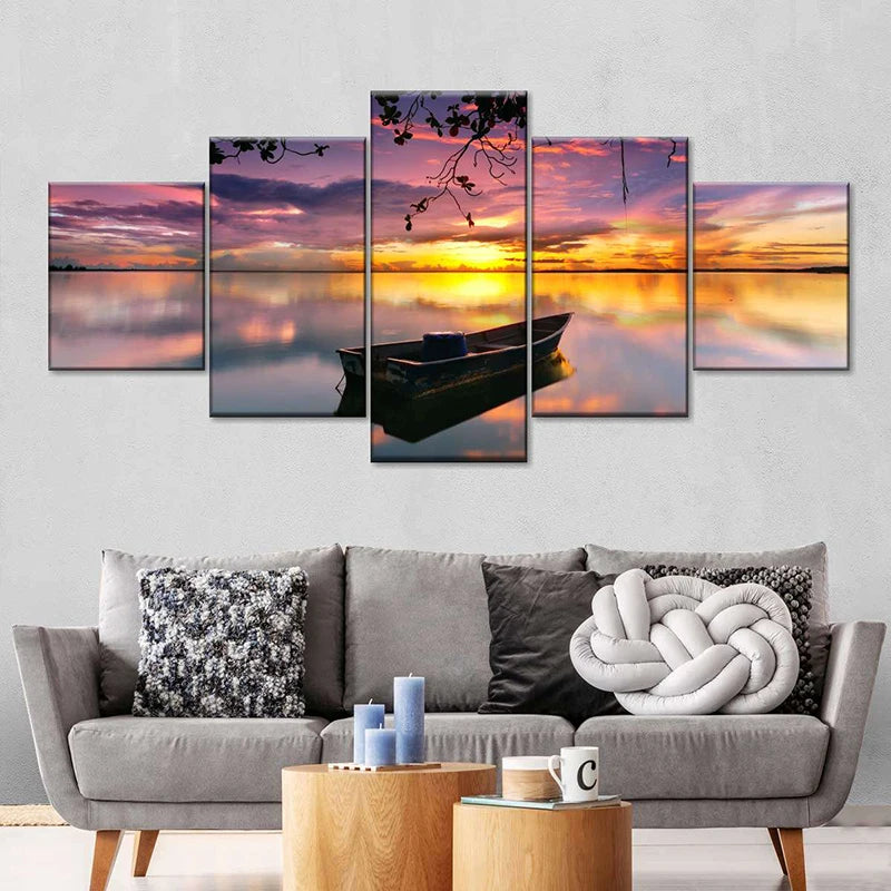 Conjunto 5 Quadros Decorativos em Tela – Paisagem Montanha ao Pôr do Sol – Arte Moderna para Sala e Decoração de Parede