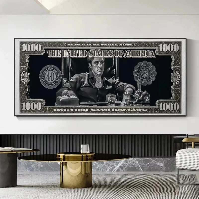 Quadro Decorativo Scarface Tony Montana Dollar – Pôster HD em Tela Canvas, Arte Clássica de Filme para Sala e Escritório