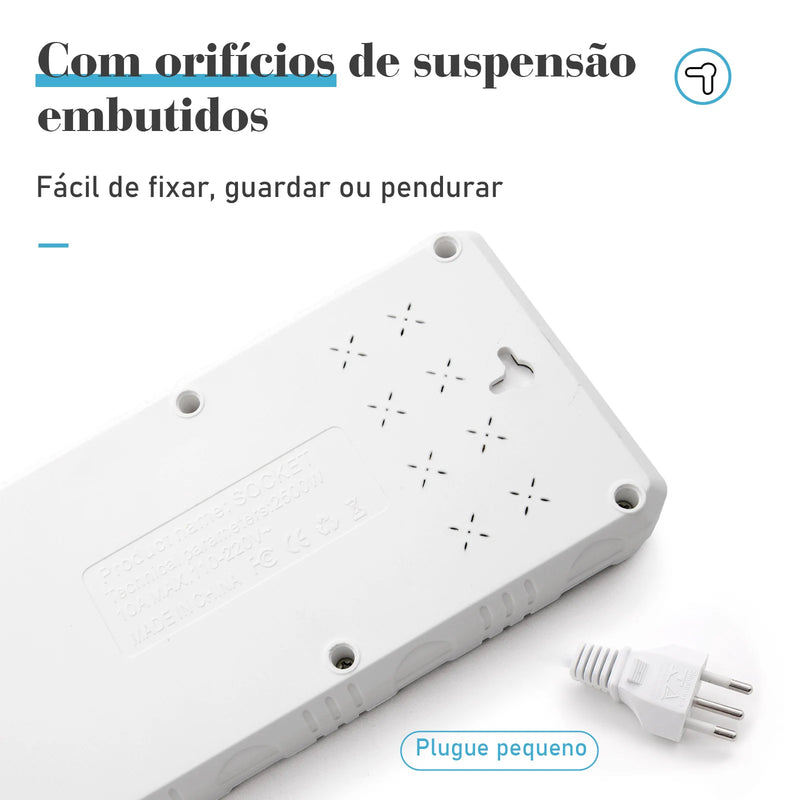 Extensão Elétrica com Filtro de Linha e Entradas USB – 2 Metros, Tomadas Universais, Plugue Padrão Brasil, Ideal para Casa e Escritório