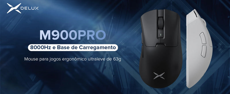 Mouse Gamer Sem Fio Delux M900PRO – 8K Polling Rate, Sensor PAW3395, Dock de Carregamento, RGB e Design Ergonômico Leve (63g)