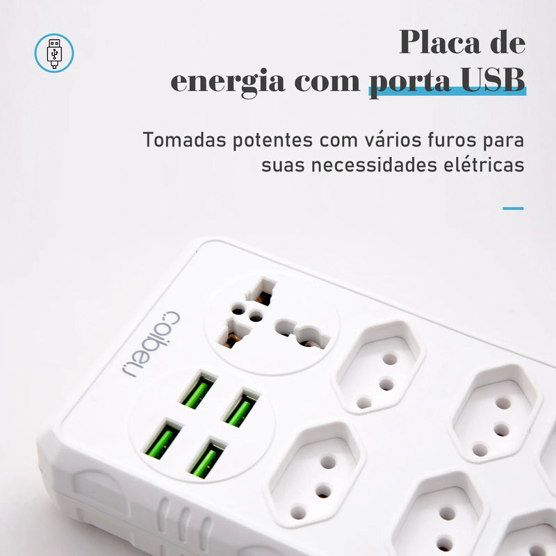 Extensão Elétrica com Filtro de Linha e Entradas USB – 2 Metros, Tomadas Universais, Plugue Padrão Brasil, Ideal para Casa e Escritório
