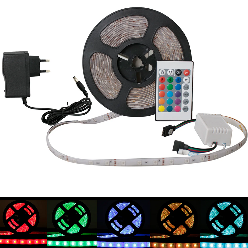 Fita LED RGB 5050 5 Metros IP65 – Com Controle Remoto, Fonte 12V Bivolt e Iluminação Decorativa Colorida